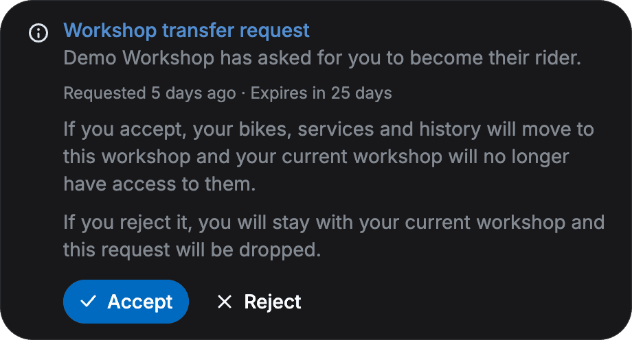 Pop-up asking a rider to accept or reject switching to a new workshop