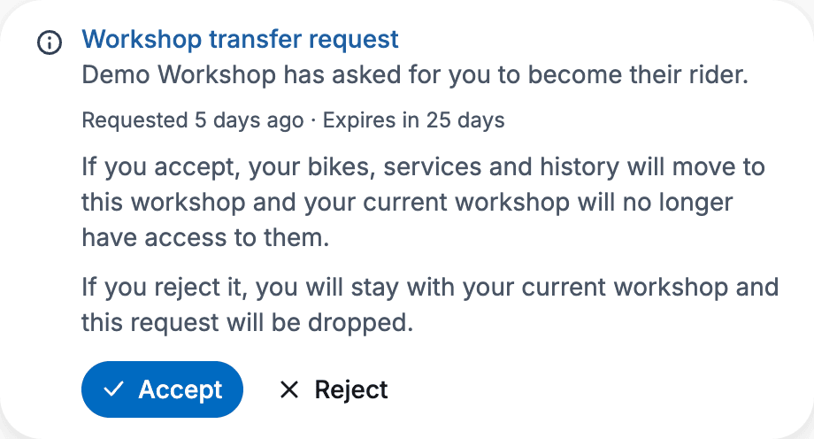 Pop-up asking a rider to accept or reject switching to a new workshop