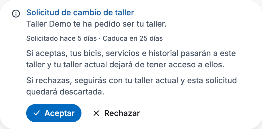 Aviso emergente pidiéndole a un ciclista que acepte o rechace el cambio a un nuevo taller