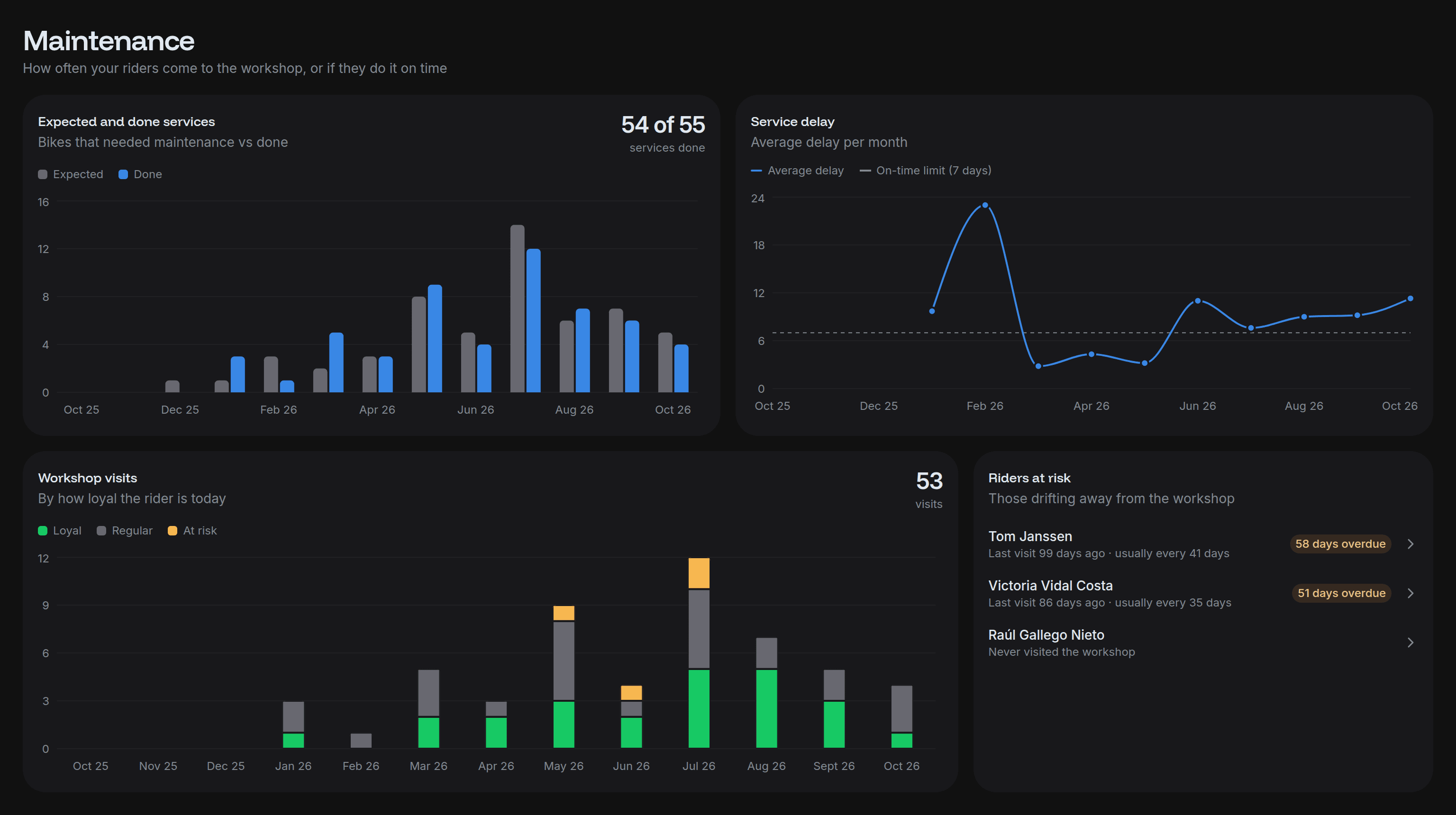 The Maintenance section of Analytics, with expected and done services, their delay, visits and the riders at risk