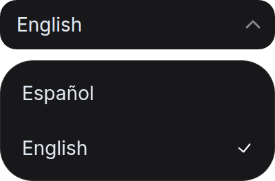 The Language selector open, with Spanish and English