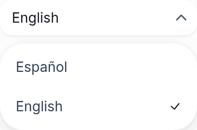 The Language selector open, with Spanish and English